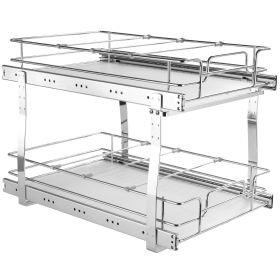 2 Tier 14"W x 21"D Pull Out Cabinet Organizer, Heavy Duty Slide Out Pantry Shelves, Chrome-Plated Steel Roll Out Drawers, Sliding Drawer Storage