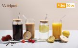 4 Set Glass Cups with Bamboo Lids and Straws, 20oz Can Shaped Drinking Beer Glasses, Iced Coffee Cups, Cute Tumbler with 2 Cleaning Brushes, Ideal for