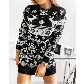 2021 Christmas Theme Ladies New Sweater Elk Snowflake Christmas Jacquard Knitted Dress (Color: Black, size: XXL)