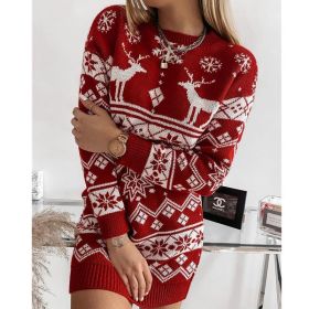 2021 Christmas Theme Ladies New Sweater Elk Snowflake Christmas Jacquard Knitted Dress (Color: Red, size: XXL)