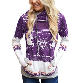 Woman Fashion Tops Christmas Zippered Printed Pocket Hooded Finger Sweater (Color: Purple, size: M)